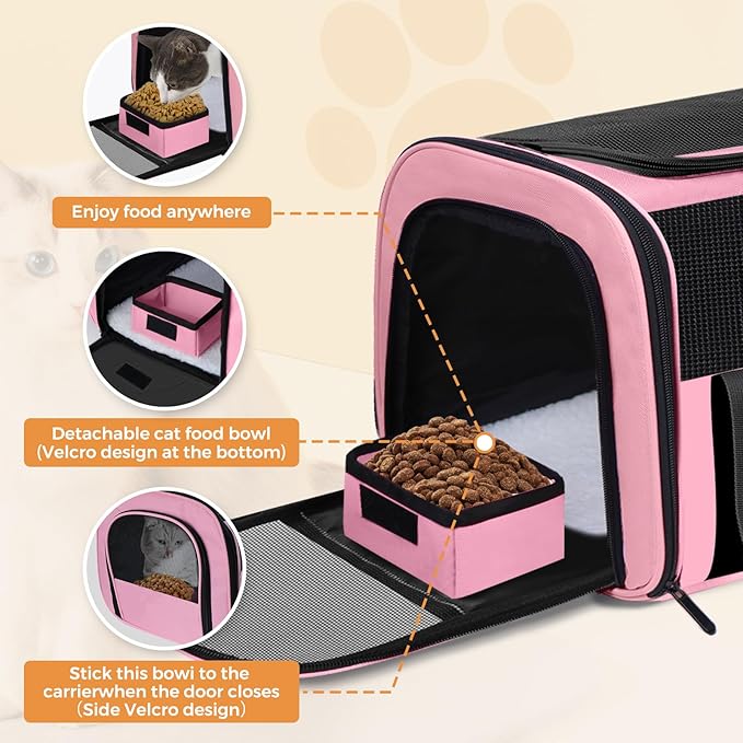FOORLON Cat Carrier Soft for Pets Up to 25 Lbs, Cat Travel Bag with Padded Shoulder Strap and Detachable Cat Food Bowl, Pet Dog Carriers for Small Dogs Travel Puppy Carry Airline Approved, Pink