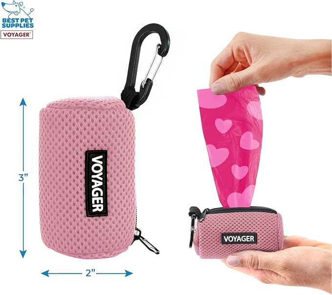 Best Pet Supplies Dog Poop Bag Holder Leash Attachment with 15 Bags, Pink, Reusable Mesh Dispenser Pouch for Travel, Walking, Park, and Outdoor Use, Soft and Durable with Clip-On