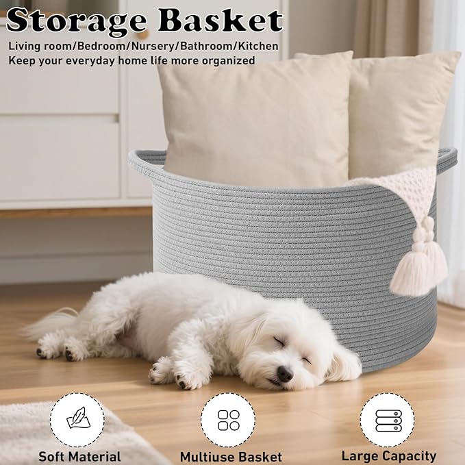 115L Large Blanket Basket,23.6" L x 23.6" W x 15.7" H Rope Woven Baskets with Handles, Toys Storage Bins,Laundry Basket Perfect for Living Room, Nursery,Bedroom,Home Organization,Light Gry