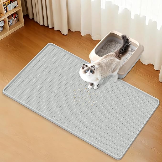 Silicone Cat Litter Mat, 24" x 17" Large Cat Litter Box Mat Litter Trapping Mat for Scatter Control, Waterproof, Soft on Kitty Paws, Clean Floor (Grey)