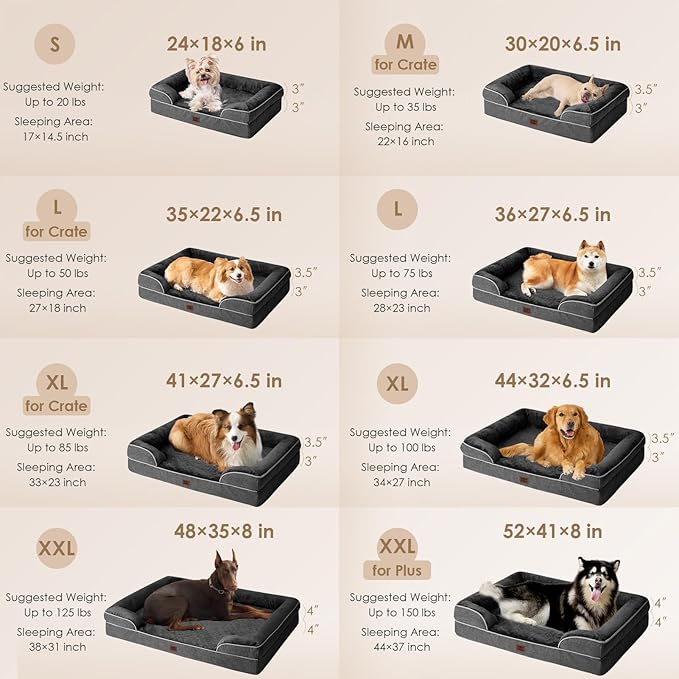 EHEYCIGA Orthopedic Dog Beds for Extra Large Dogs, Waterproof Memory Foam XXL Pet Bed with Sides, Non-Slip Bottom and Egg-Crate Foam Big Dog Couch Bed with Washable Removable Cover, Dark Grey