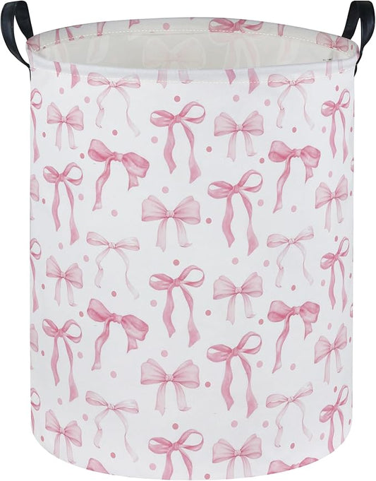 Girls Laundry Basket Pink Hamper for Nursery Bowkont Hamper Cute Kids Storage Bin Organizer Room Decor for Home(Pink bowkont)