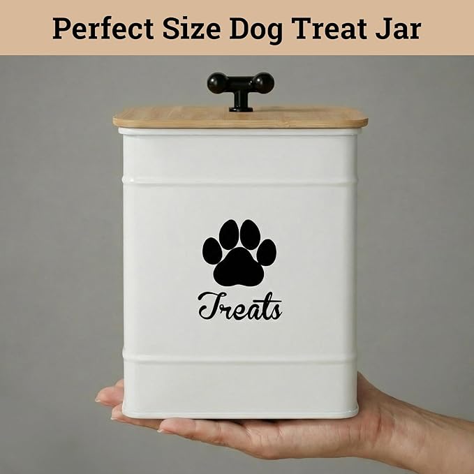 Dog Treat Container Airtight - 6 Inch Wide x 8 Inch Tall Iron Dog Treat Jar for Kitchen Counter with Airtight Bamboo Lid - 12 Cup Capacity Pet Treat Container - Doggie Cookie Jar - Big Treats Canister