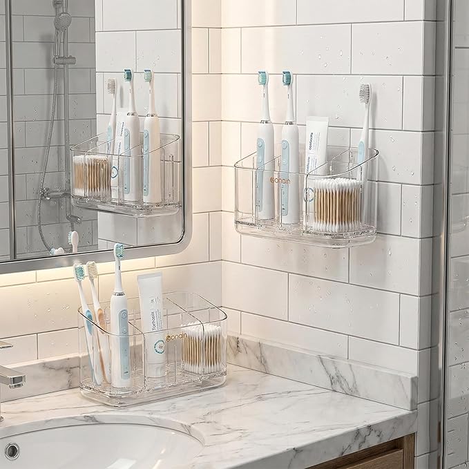 Toothbrush Holder for Bathroom Wall Mounted, 5 Slots Acrylic Toothbrush and Toothpaste Organizer Removable Dividers, Large Capacity Electric Toothbrush Holder for Family Bathroom Accessories, Clear