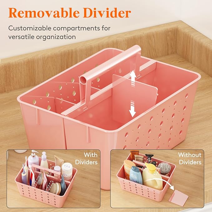 Lifewit Shower Caddy Portable, Plastic Bathroom Organizer with Handle and Holes, Hard Cleaning Basket for Toiletry Storage, College Dorm Essentials, Pink, 2 Packs