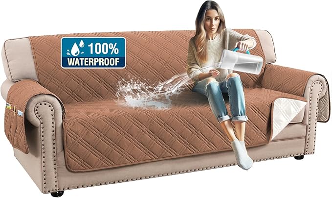 H.VERSAILTEX 100% Waterproof Couch Covers for Dogs Modern Sofa Slipcovers with Elastic Straps Thick Soft Couch Protector from Cat Claws(Sofa, Terracotta/Beige)