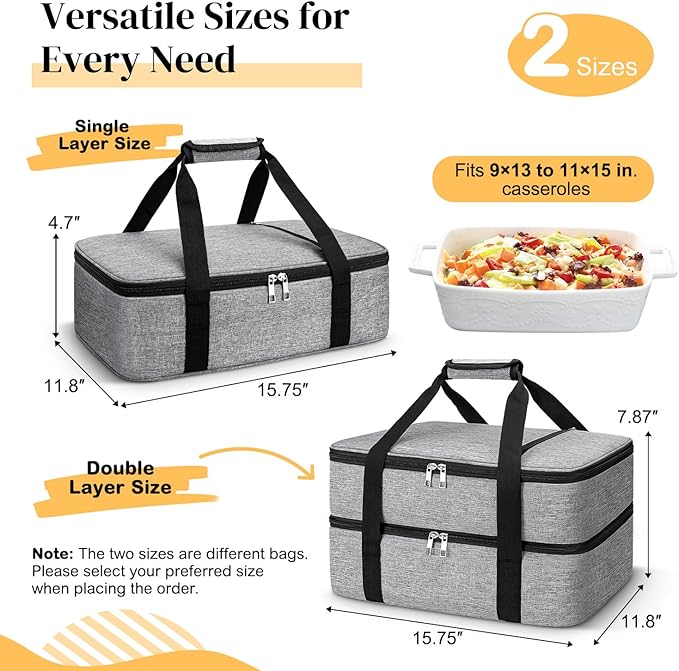 Coobiiya Insulated Casserole Carrier – Portable Tote for Hot or Cold Food, Warmer & Cooler Bag Lunch Bag, Fits 9" x 13" Baking Dish, Ideal for Potluck Parties – Grey