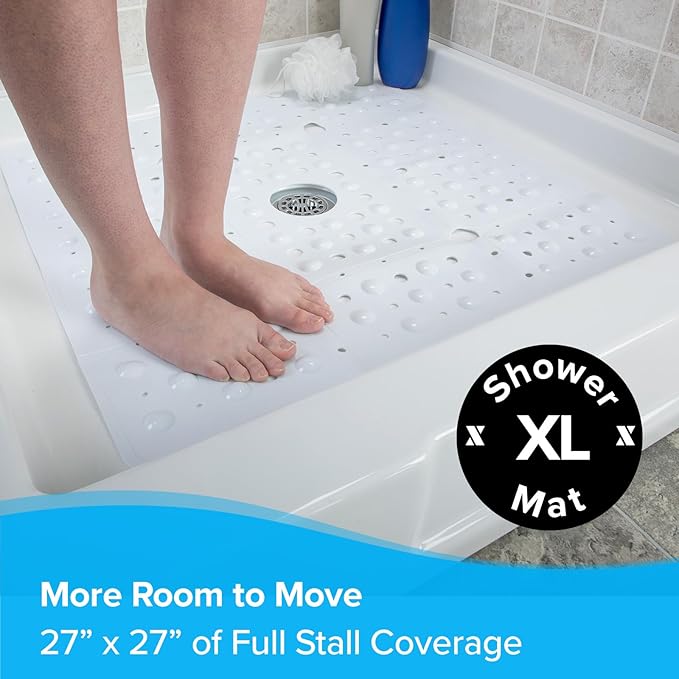 SlipX Solutions 27" Oversize Square Shower Mat, Non-Slip Mat for Elderly & Kids, 100+ Power Grip Suction Cups for Smooth Surfaces, Machine Washable, White
