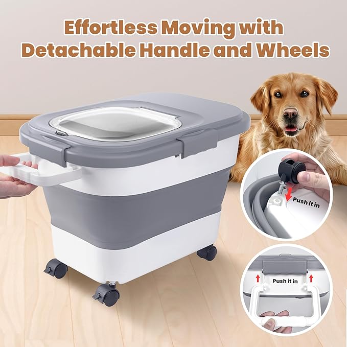 DDMOMMY 15-23 Lbs Airtight Dog Food Storage Container,Collapsible Dog Food Container with Lid,Wheels,Handle,Large Cat food storage Container with Scoop,Small Food Container for Dog Cat