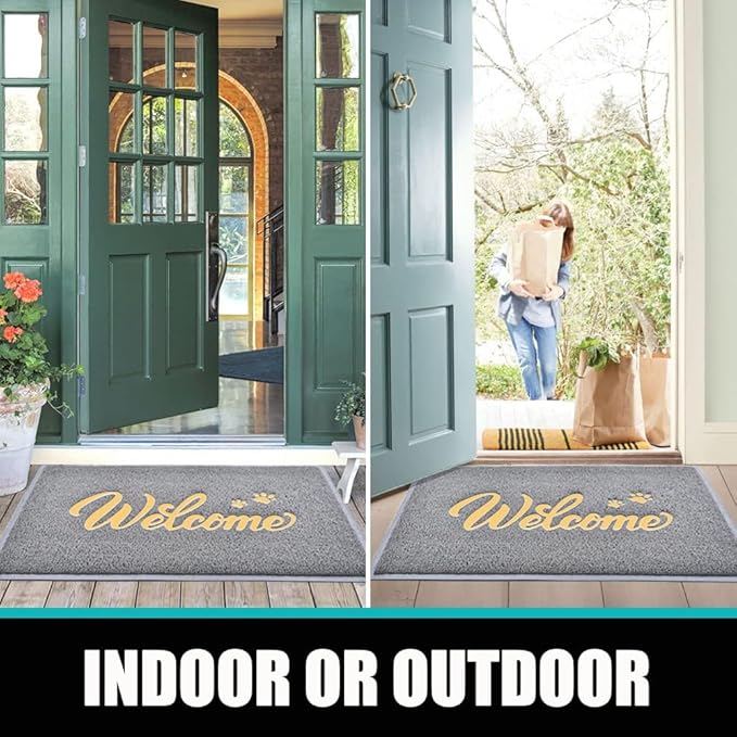 T.HENV Welcome Mat Outdoor, 2 Pack 30x17.5 Waterproof All-Season Front Door Mat Outside Entrance, All-Weather Quick Drying, Low Profile Doormat Indoor, Patio Porch Entryway Mat, Grey-Gold