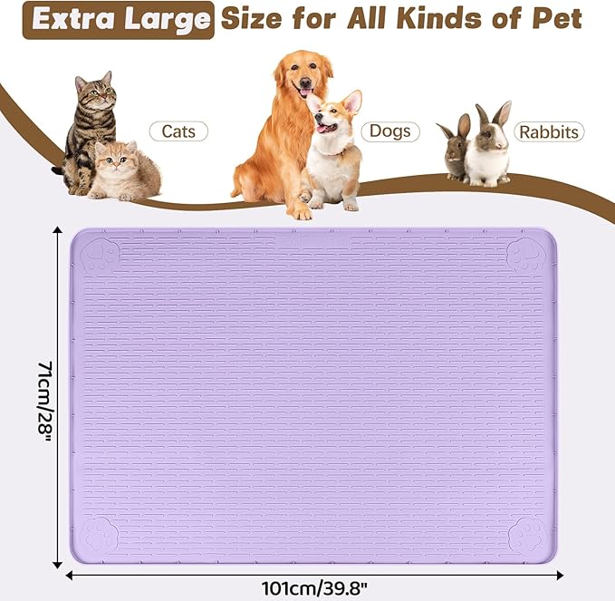 Bartuke Cat Food Mat, 40" x 28" Extra Large Silicone Pet Feeding Mat with Raised Edge Pet Placemat for Food and Water Bowl Non-Slip, Easy to Clean, Floor Protection (Purple)