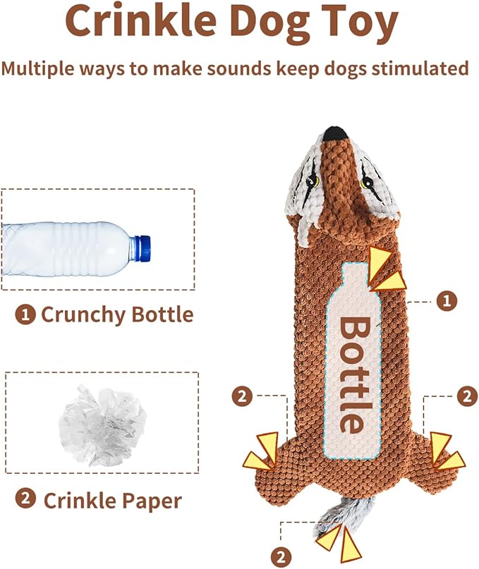 KrauzPet Dog Toys, Squeaky Plush No Stuffing Crinkle Dog Toy for Small Medium Large Dogs, Interactive Puppy Teething Water Bottle Dog Chew Toy