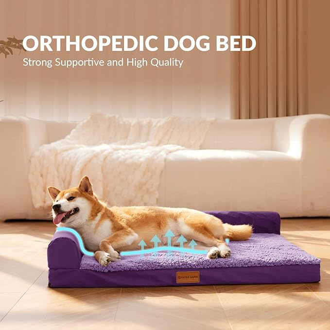 Patas Lague Orthopedic Jumbo Dog Bed for Extra Large Dogs 56''X40'', Waterproof L Bolster Jumbo Pet Sofa Beds with Removable Washable Cover, Soft Pet Couch Crate Mat with Nonskid Bottom, Purple