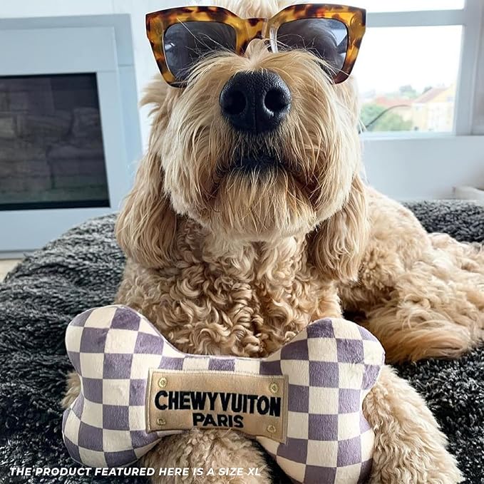 Haute Diggity Dog Checker Chewy Vuiton Bone, Plush Designer Dog Toys with Interactive Squeaker, Stimulating Pet Enrichment, Machine-Washable & Safe Materials for All Breeds, Size XL