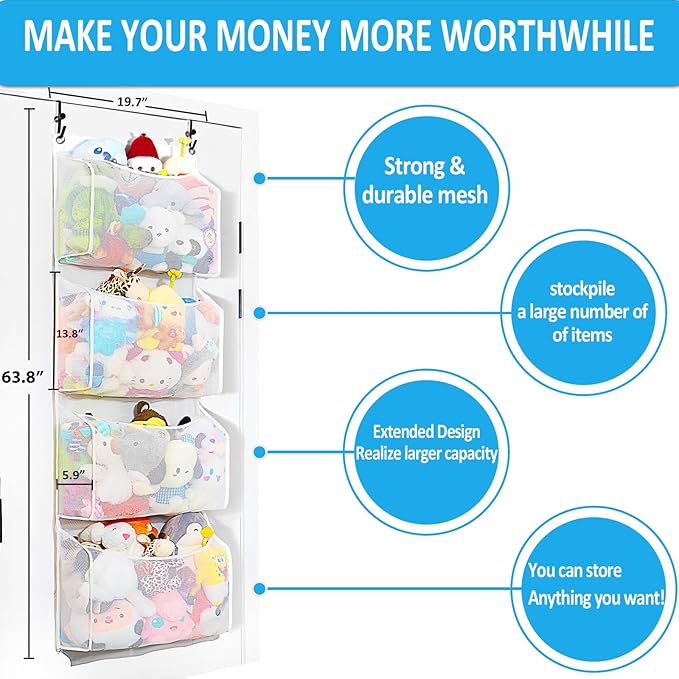 Toread Upgraded Over the Door Stuffed Animal Organiser – Original Design & Patented, Adjustable No-Damage Hooks, Stuffy storage 3D Design with 50% More Capacity, Perfect for Stuffed Animal Storage