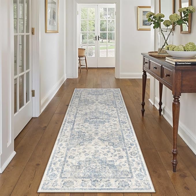 2x6 Washable Neutral Runner Rug Blue Vintage Hallway Kitchen Carpet Non-Slip Soft Low Pile Farmhouse Throw Rug for Bedroom Bathroom Laundry Living Room