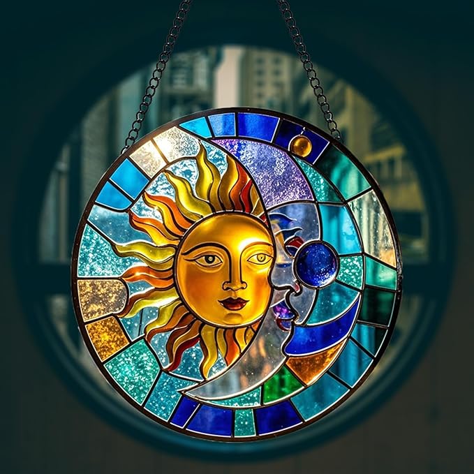 Sun and Moon Suncatcher 8 Inch Stained Glass Window Hanging Diamond Chain Hooks– Indoor/Outdoor Window Wall Art Home Décor -Gift for Women Men Valentine's Day Thanksgiving Ornaments Festival Gifts