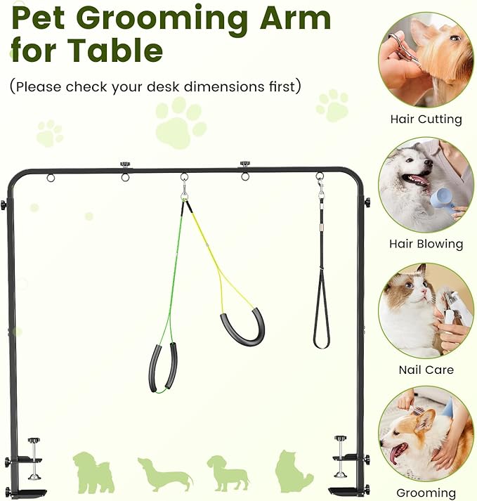 Dog Grooming Arm with Hammock & 2 Nooses - Adjustable Table Arm Height 20''-42'', Width 27''-39'', Table Clamp Up to 2.76'' Thickness, Pet Grooming Table Arm for Small Medium Breeds Up 70IB, Stable