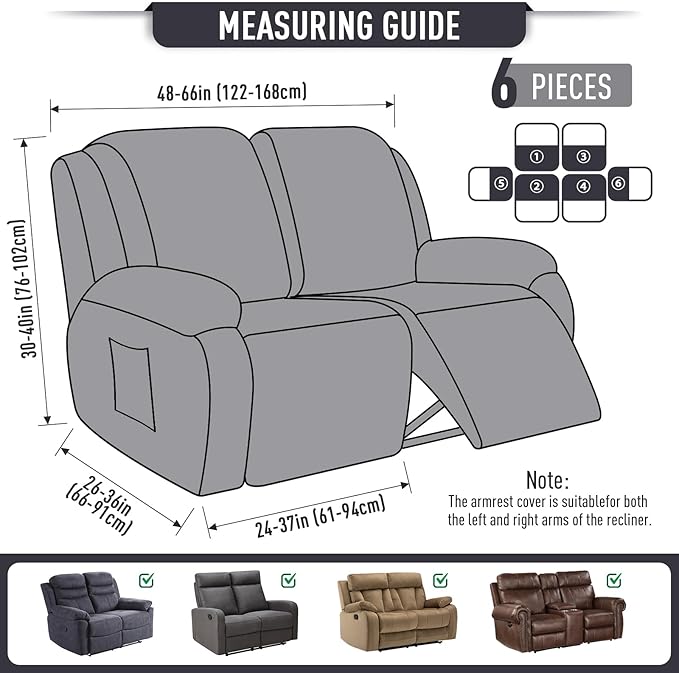 TAOCOCO Recliner Loveseat Slipcover, 6 Pieces Dual Recliner Sofa Covers for 2 Seat Dual Reclining Loveseat Couch, Stretch Soft Jacquard Pattern Furniture Protector with Elasticity (Charcoal Grey)