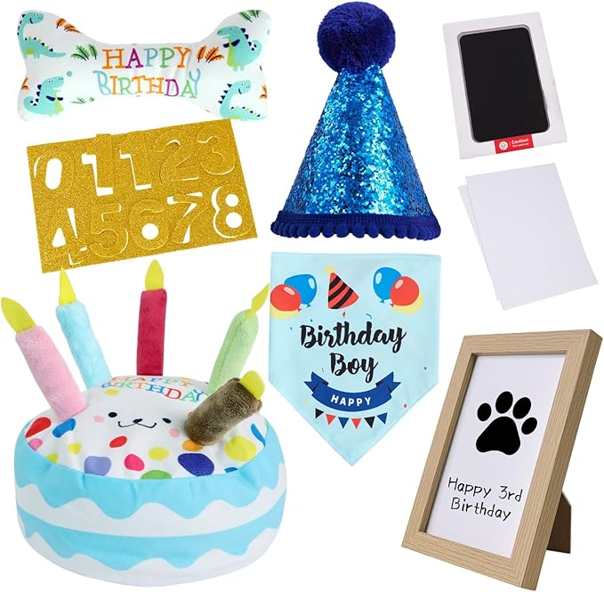 Dog Birthday Toy Set, Dog Squeaky Toys, Includes Squeaky Cake Toy, Plush Bones, Birthday Hats, Bandana, Paw Print Kit & Photo Frame. Pet Gift Supplies, Blue