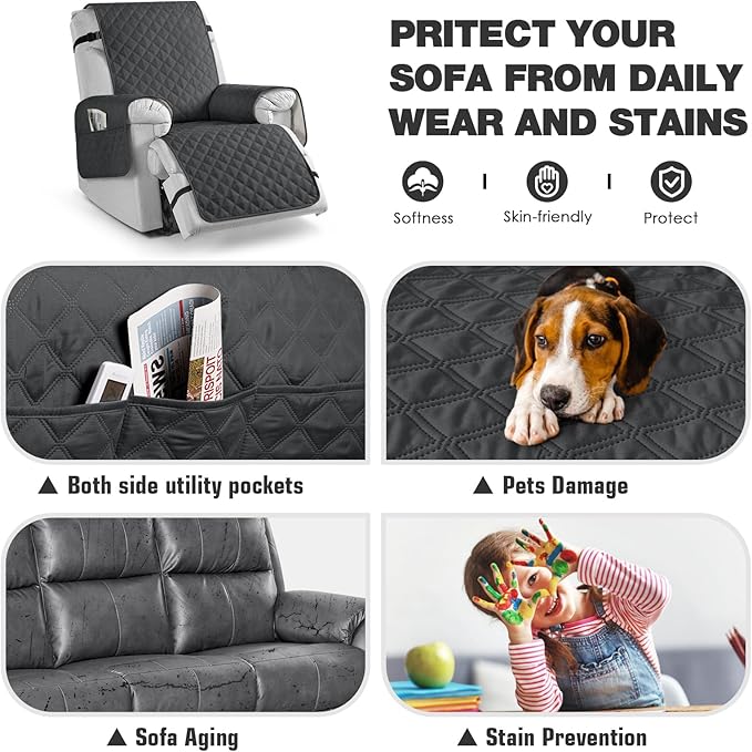 TAOCOCO 100% Waterproof Recliner Chair Cover Non-Slip Reclining Cover for Recliner Chair Washable Chair Cover with Elastic Straps for Pets Sofa Slipcover with Pocket (Oversized 28'', Charcoal Gray)