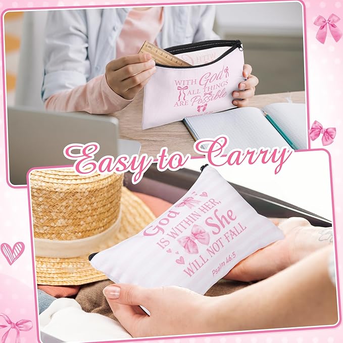 Reginary 20 Pieces Pink Christian Cosmetic Bags Bulk for Women Christmas Coquette Bow Religious Makeup Bags Gifts with Zipper Christian Pouch Toiletry Inspirational Church Party Gifts, 7 x 4.3 Inches