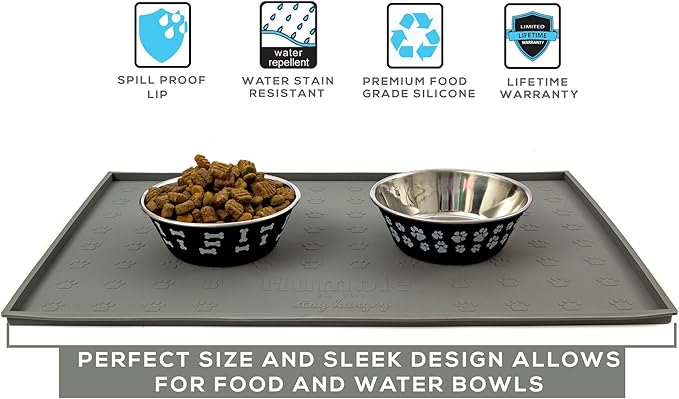 Humble Pet Food Mat Feeding Tray - Non-Slip, Anti-Spill, Raised Dog Food Mat, Easy Clean Waterproof - Premium Quality Silicone - Perfect for Dog Bowl Mat and Cat Feeding Mat Tray, 24" x 16" (Grey)