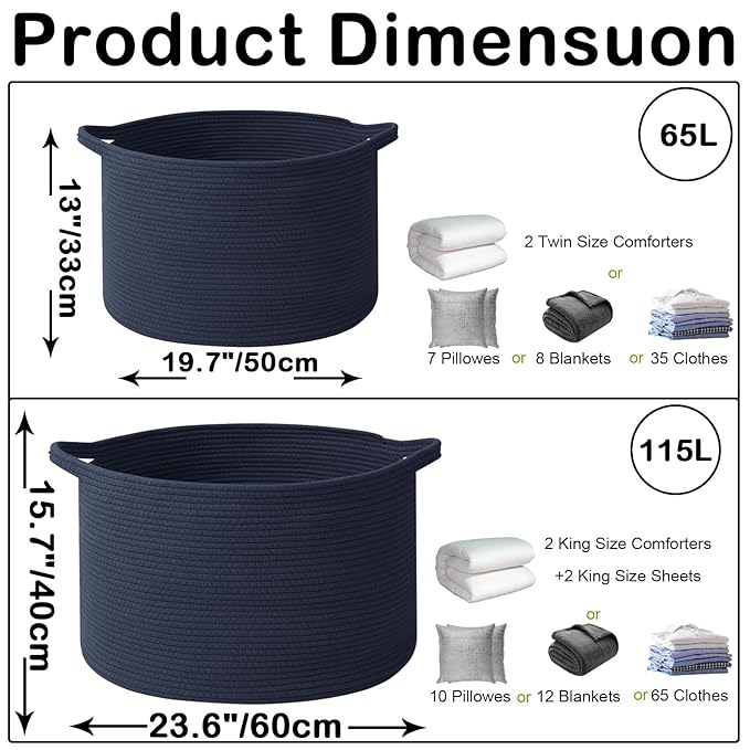 65L Extra Large Woven Cotton Rope Blanket Basket with Handles, Laundry Hamper Storage Bin for Pillows, Comforters,Clothes, Toys, Nursery, Bedroom and Living Room Organization,Dark Blue