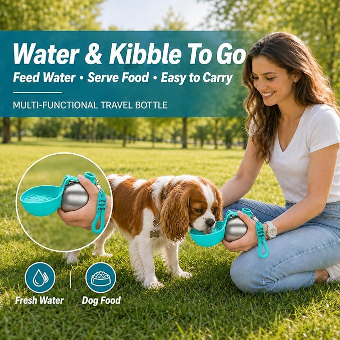 Portable Dog Water Bottle, 10 oz Stainless Steel Pet Travel Dispenser with Silicone Foldable Bowl, Leak Proof Tumbler, Dog Walking Accessories for Hiking and Small Pets (Blue)