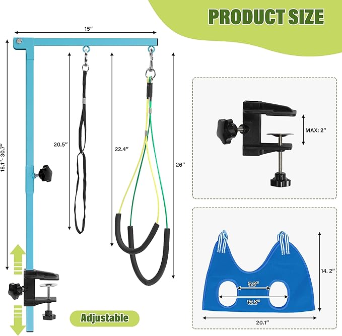 Dog Grooming Arm with Pet Grooming Hammock, 35" Pet Grooming Table Arm with Adjustable No Sit Haunch Holders, Dog Grooming Stand with Loop Noose for Small and Medium Pets, Blue