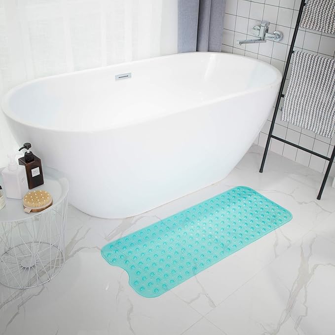 Bathtub Mats for Shower Tub, Extra Long Non-Slip 39 x 16 Inch Bath Mat with Drain Holes and Suction Cups, BathMat for Bathroom with Machine Washable (Clear Turquoise)