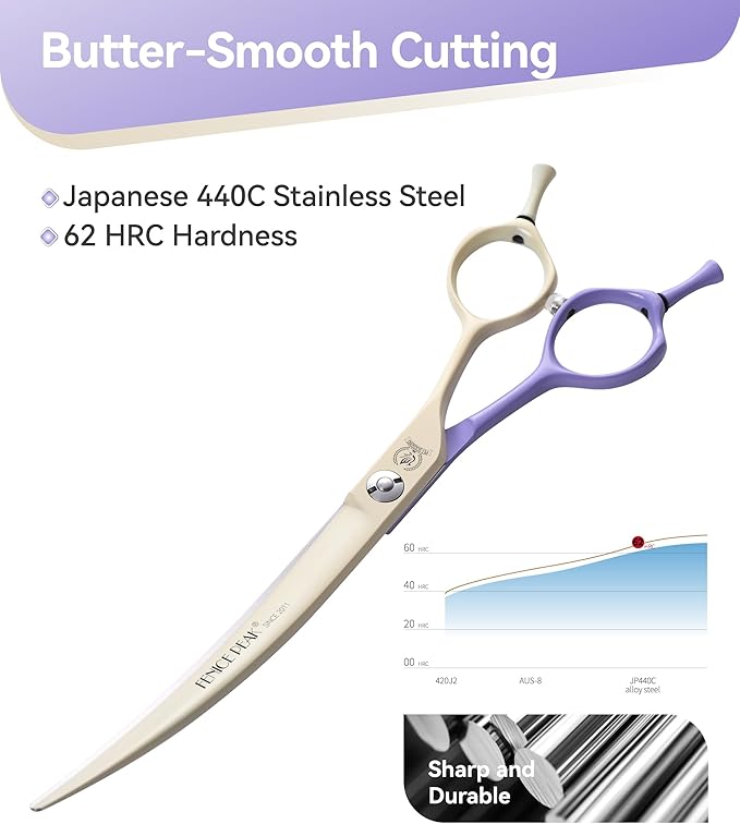 Fenice Peak Curved Dog Grooming Scissors with Coating 440C Stainless Steel, 7 inch Professional Curved Shears Dog Grooming，25 Degree of Curved Blade，Pet Shear for Trimming Face and Paw, Violet & White