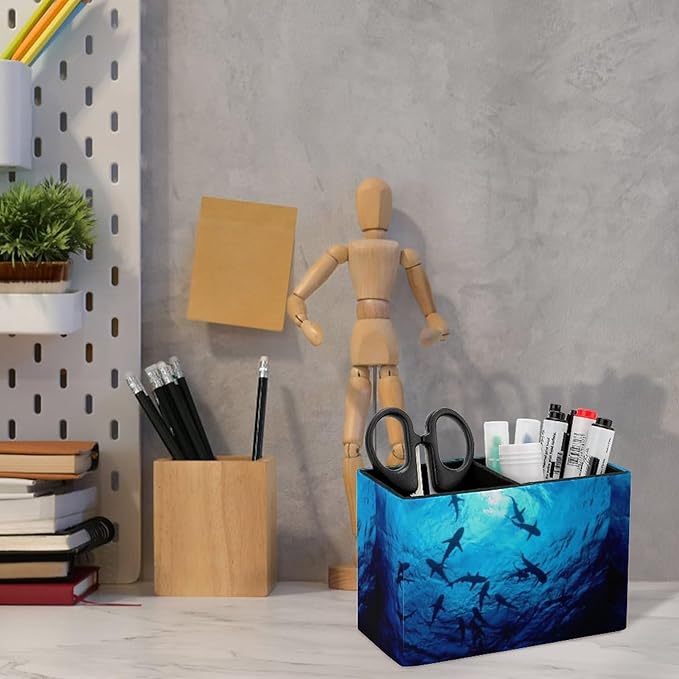 Pen Holder, Pencil Holder for Desk Organizer, Sea Ocean Animal Sharks PU Leather Pencil Cups Desktop Stationery Storage Makeup Brush Holder Pen Organizer for Office Home