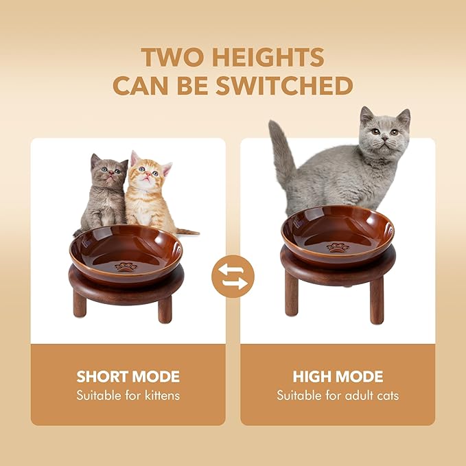 Elevated Ceramic Paw Print Cat Dish, Wide Whisker Friendly Anti-Slip Food & Water Bowl with 2 Heights Adjustable Acacia Wooden Stand for Cats (1 Dish + 1 Stand, Caramel Brown)