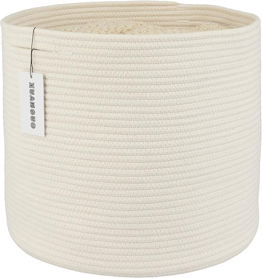 XUANGUO Cotton Rope Basket For Girls Boys Kids 16”X14” Baby Laundry Baskets Nursery Bin Round Woven Basket Organizer For Storage Toys Blankets Shoes Clothes white