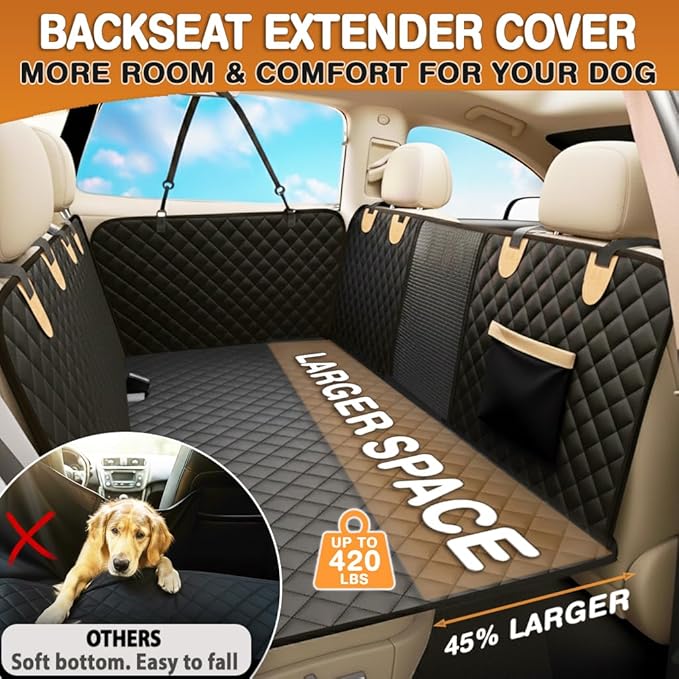 Back Seat Extender for Dogs – Hard Bottom Car Seat Cover for Dogs, Waterproof Rear Seat Protector with Mesh Window & Side Flaps, Fits Cars, SUVs, Trucks, Extra Space & Comfort