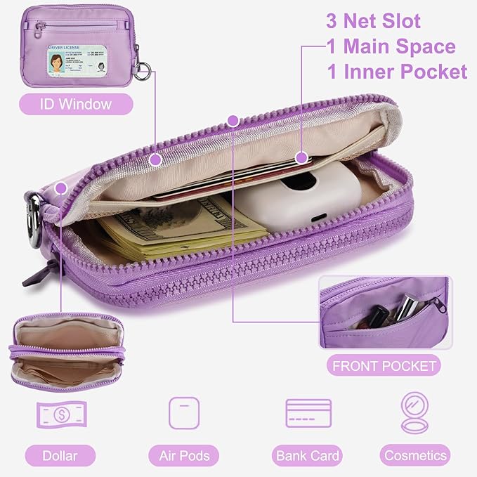 Small Nylon Crossbody Bags For Women,Wristlet Wallets With Phone Organizer, 2 In 1 iris Wallet, Zip Around Wallets (Light Purple)