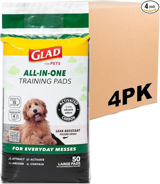 Glad for Pets Black Charcoal Puppy Training Pads with Odor Control and Pheromone Attractant, Leak Resistant Dog Potty Pads for House Training Puppies and Dogs, 23 x 23 in, 50 Count - 4 Pack