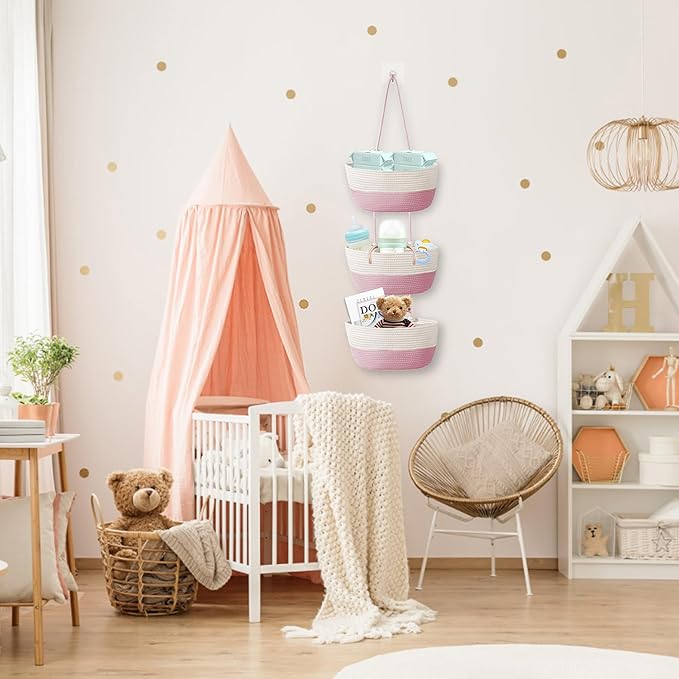 3 Tier Woven Hanging Basket, Wall Mounted Decorative Kitchen Storage Organiser Bag, Baby Closet Storage Basket With Hooks for Door Mounted Wall (White & Pink)