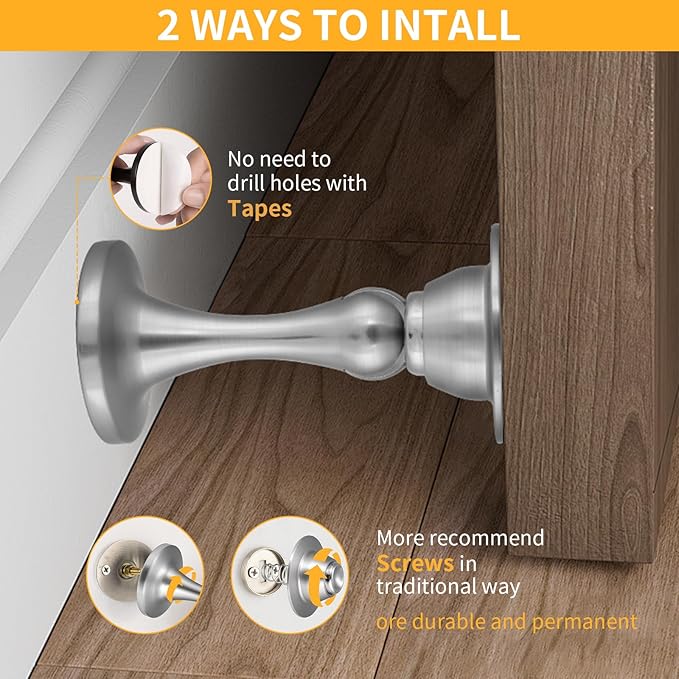Bak Bo 2 Pack Magnetic Door Stopper, Strong Magnetic Door Holder Keep Door Open, Zinc Alloy Door Catch for Wall & Floor Mounting, No Drilling Door Stop with Adhesive Brushed Nickel