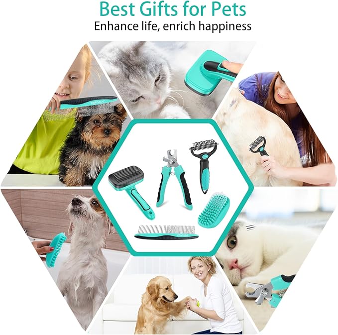 5 PCS Self Cleaning Slicker Brush & Pet Grooming Rake & Bath Brush & Nail Clippers & Pet Comb for Dogs and Cats,Professional Deshedding Dematting Tool for Long and Short Haired Pets