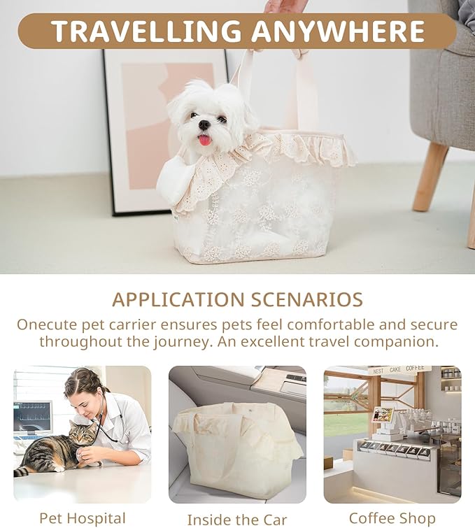 ONECUTE Dog Carrier for Small Dogs Rabbit cat with Lace Design, Cotton Bag, Dog Carrier Soft Sided, Collapsible Travel Puppy Carrier (Beige, 9.4" L x 5.9" W x 9.4" H)