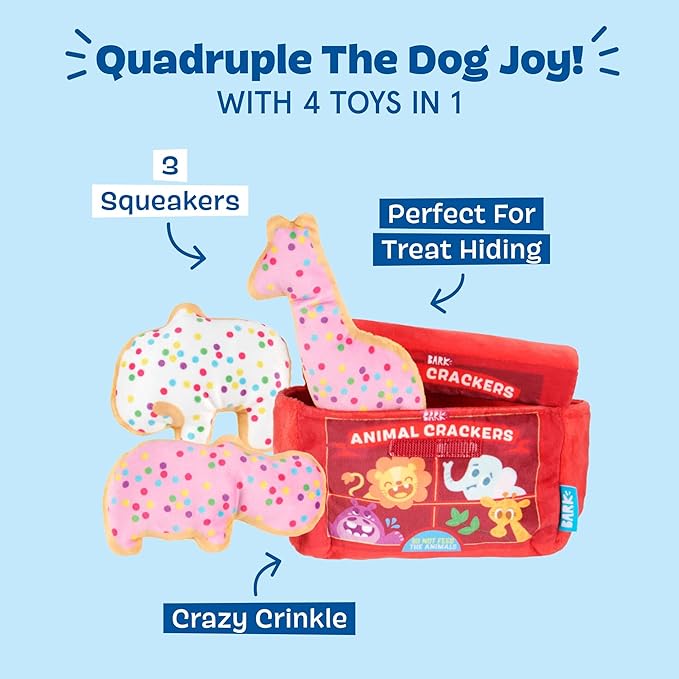 Barkbox Animal Squeakers Multi-Part Dog Toy – 4-in-1 Plush Toy Set with Treat-Hiding Crinkle Box & Three Squeaky Cookies – Fun Play for X-Small to Small Dogs