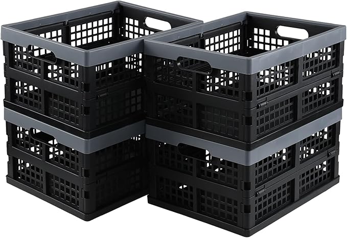 Rinboat 15 L Plastic Collapsible Crates, Stackable Folding Crates, 4 Packs