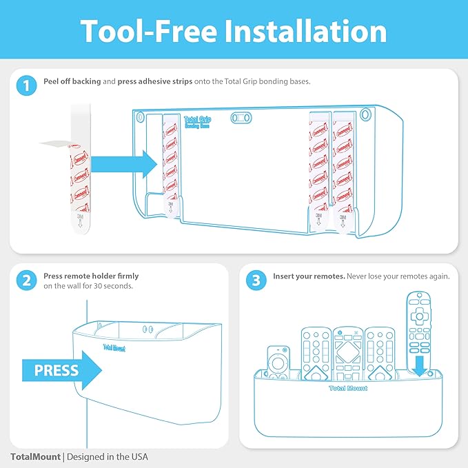 TotalMount Hole-Free Remote Holder – Eliminates the Need to Drill Holes in Your Wall (Premium Black Remote Control Holder for 5 or 6 Remotes)