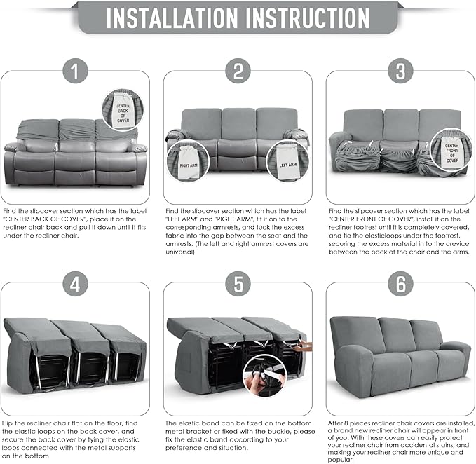TAOCOCO Recliner Sofa Covers 8-Pieces Stretch Large Couch Covers for 3 Seats Reclining Slipcovers Soft Jacquard Pattern Furniture Protector (Dusty Grey)