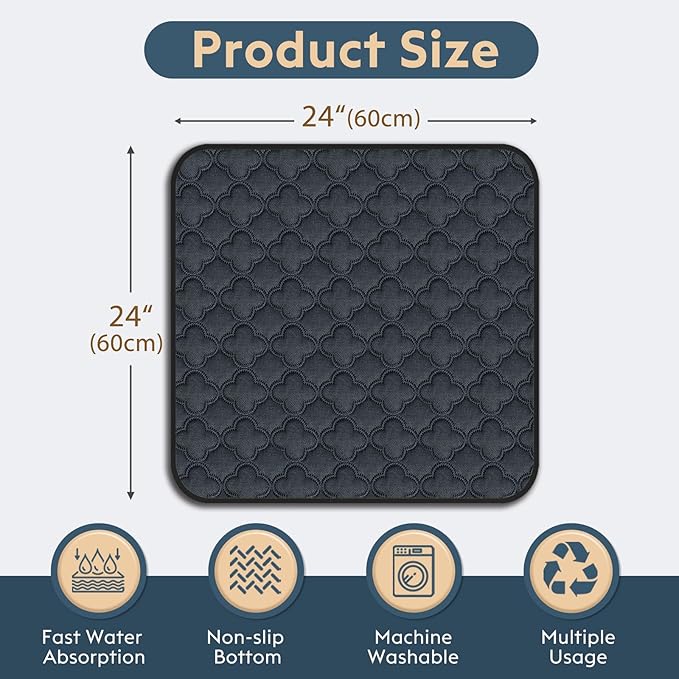 Washable Pee Pads for Dogs - 2 Pack Reusable Pee Pads，Waterproof Puppy Pads，Pet Training Pads，Super Absorbent with Dog Paw Shape Non-Slip Backing (Dark Grey, 24" X 24" - 2 Pack)