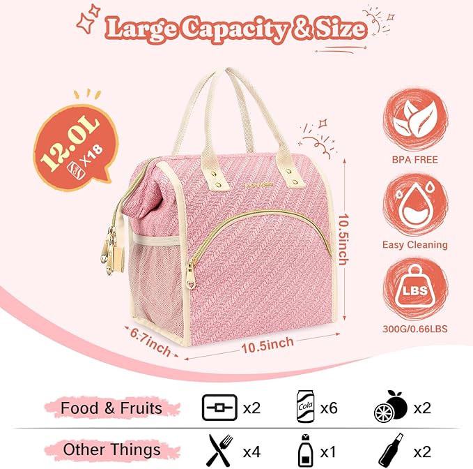 Lunch Bag Women Insulated Lunch Box Wide-Open Lunch Tote Bag Large Drinks Holder Durable Nylon Thermal Snacks Organizer for Men Adults Work Picnic Hiking Beach Fishing, Pink Braid