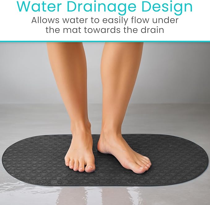 Vive Oval Bathtub Mat - Nonslip Shower Floor Pad - Non-Slip and Non-Skid for Bath Tub with Strong Rubber Suction Cup Grip - for Baby, Elderly, Kids, Bathroom (Black)