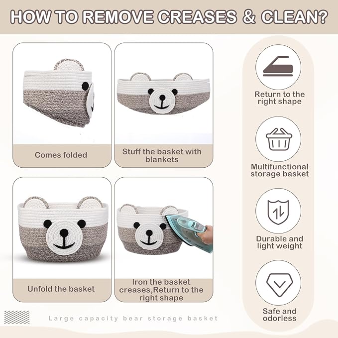 Zopeal Bear Basket 13" D x 9.5" H for Nursery Cotton Rope Woven Cute Storage Basket with Handles Animal Hamper for Baby Shower Laundry Bathroom Home Decorative